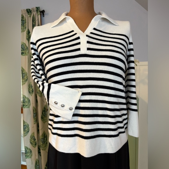 Talbots Johnny Collar Pullover Stripe Top in Black and White. - Picture 5 of 8